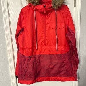 Red Hooded Jacket with Fur Trim